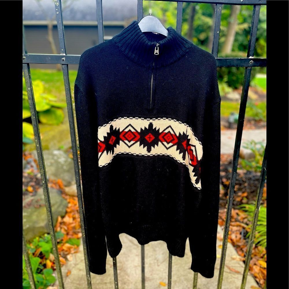 AMERICAN LIVING heavy cotton 1/4 zip pullover sweater in black/ Southwest Detail